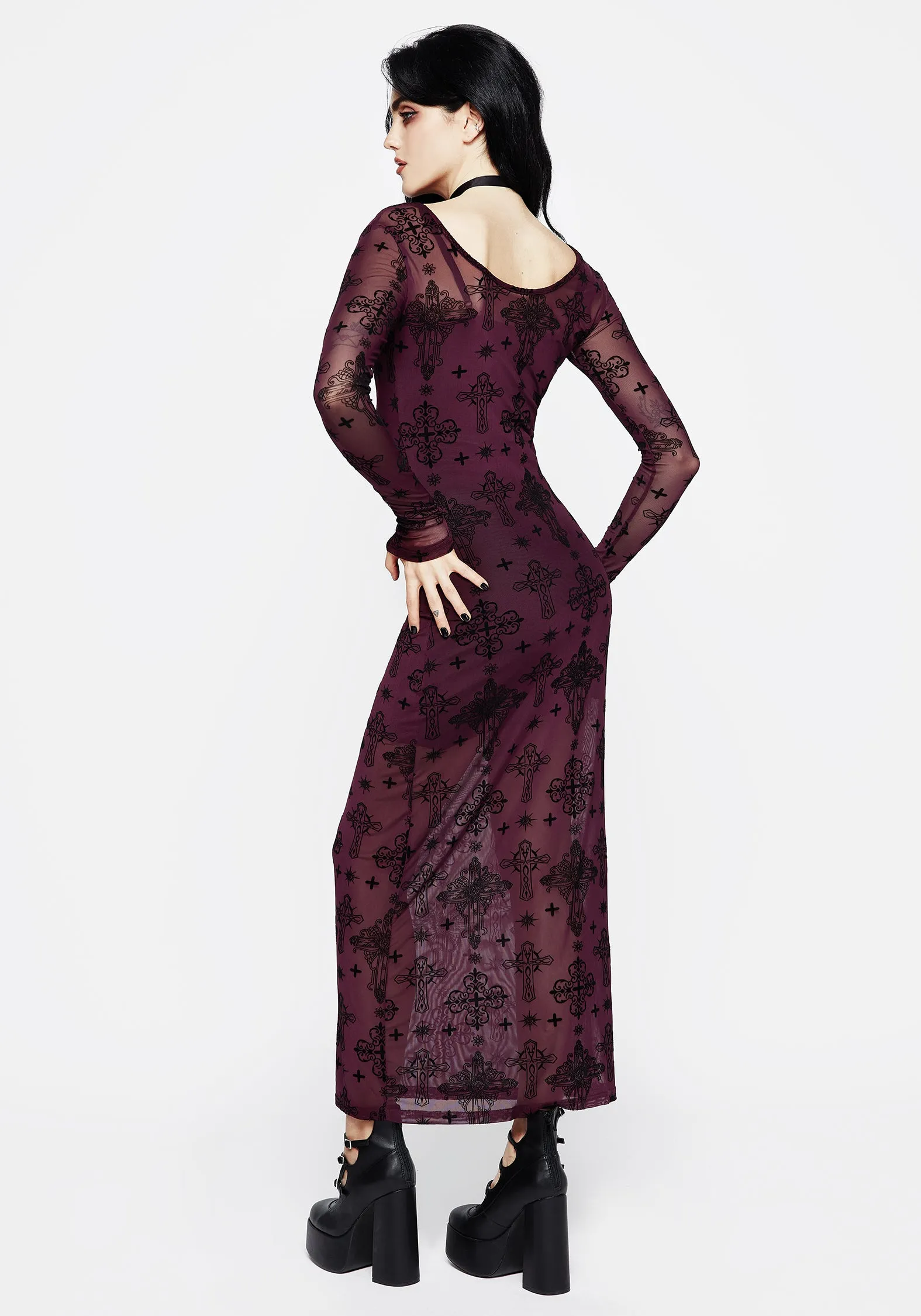 Priestess Flocked Mesh Maxi Dress - Purple WideCollarDesign