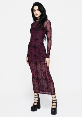 Priestess Flocked Mesh Maxi Dress - Purple Sleek Wear