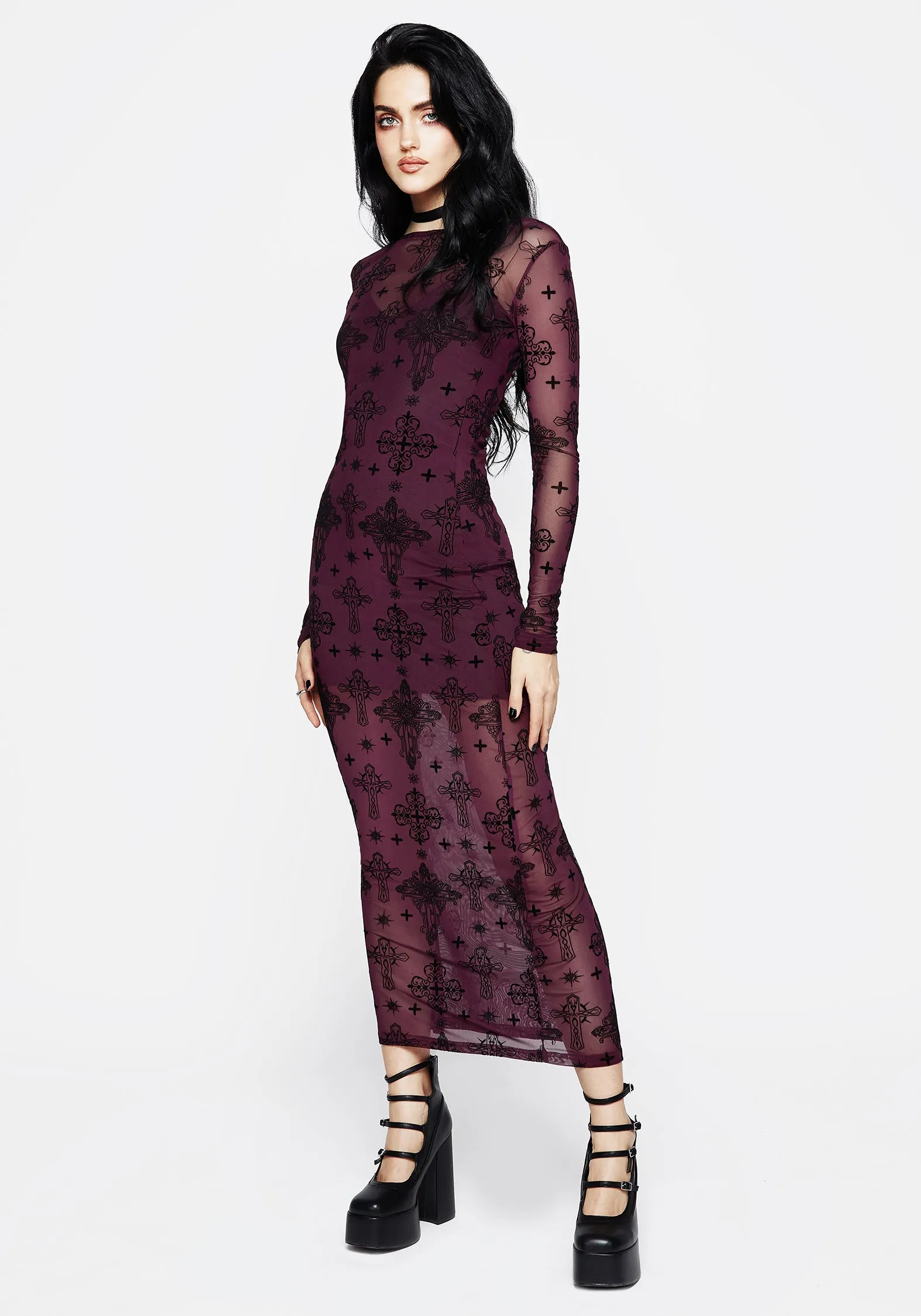 Priestess Flocked Mesh Maxi Dress - Purple Sleek Wear