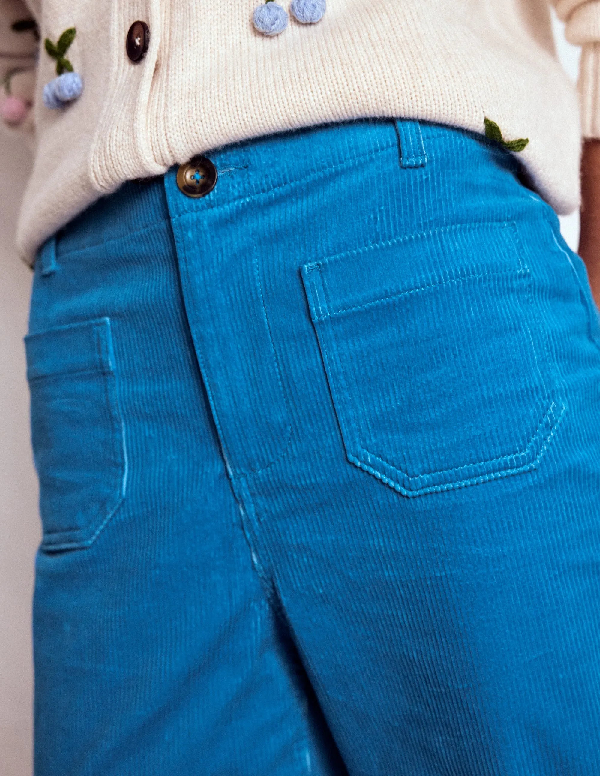 Primrose Cord Trousers-Bright Blue No Gap Waist Construction
