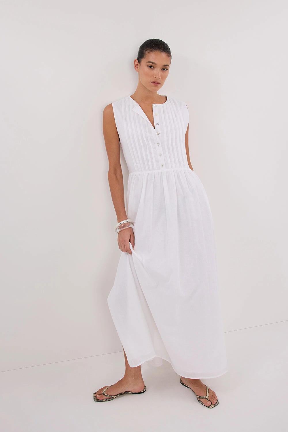 Comfort Layer LARS WHITE PINTUCK LINEN MIDI DRESS