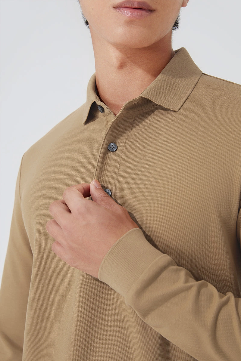 Polo Collar VISDRY? Pique Long Sleeve Polo | Khaki KE0178
