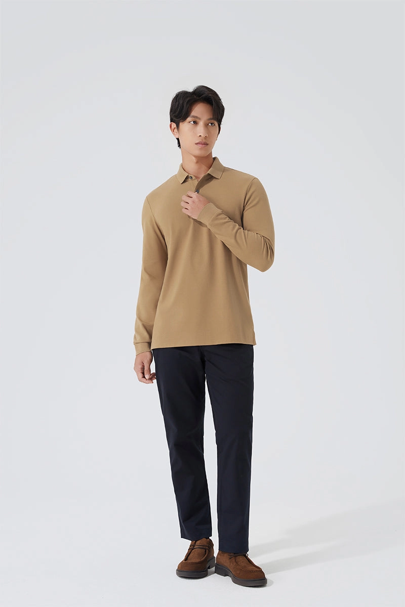 VISDRY? Pique Long Sleeve Polo | Khaki KE0178 AntiBacterial Coating All-Season Comfort