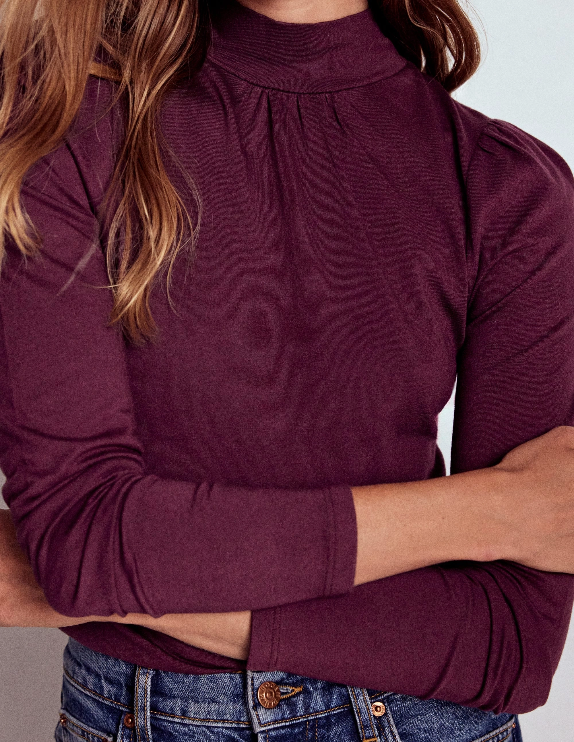 Puff Shoulder Jersey Top-Dark Cherry Quick Drying Technology RollUpCuff MultiPocket Configuration