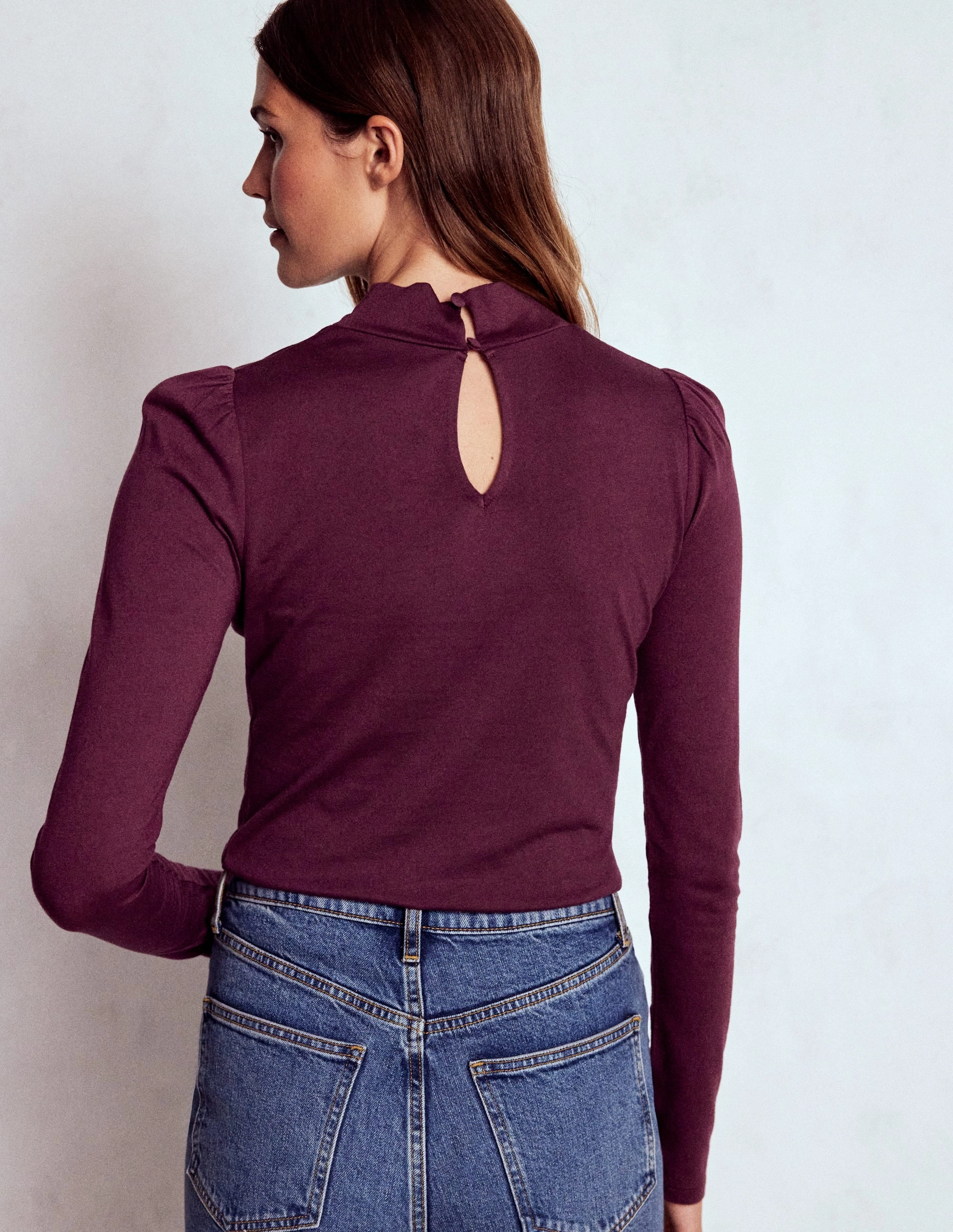 Puff Shoulder Jersey Top-Dark Cherry Quick Drying Technology Stretchable Waistband