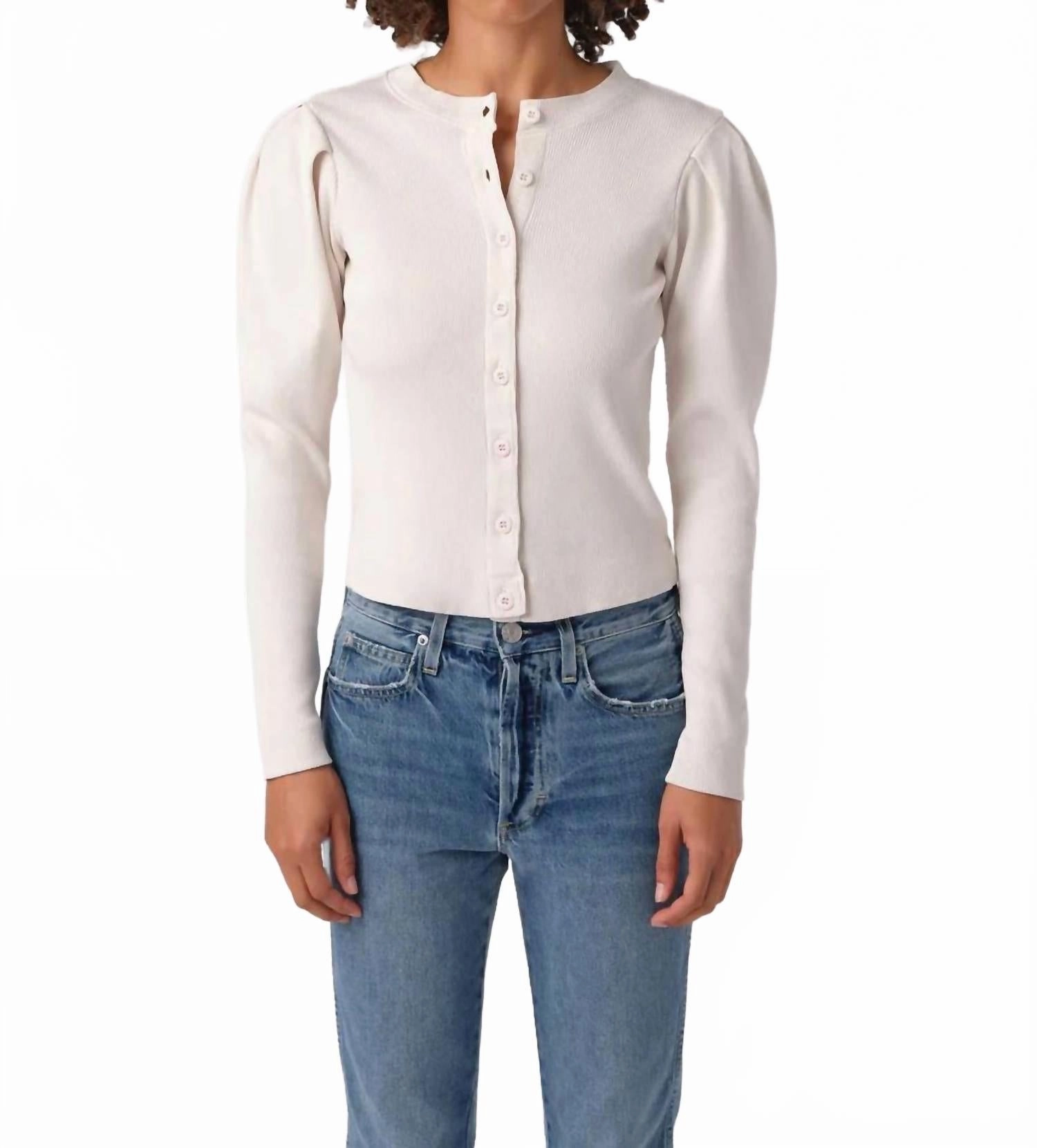 Puff Sleeve Cardigan In Off White Smart Look Modern Knit