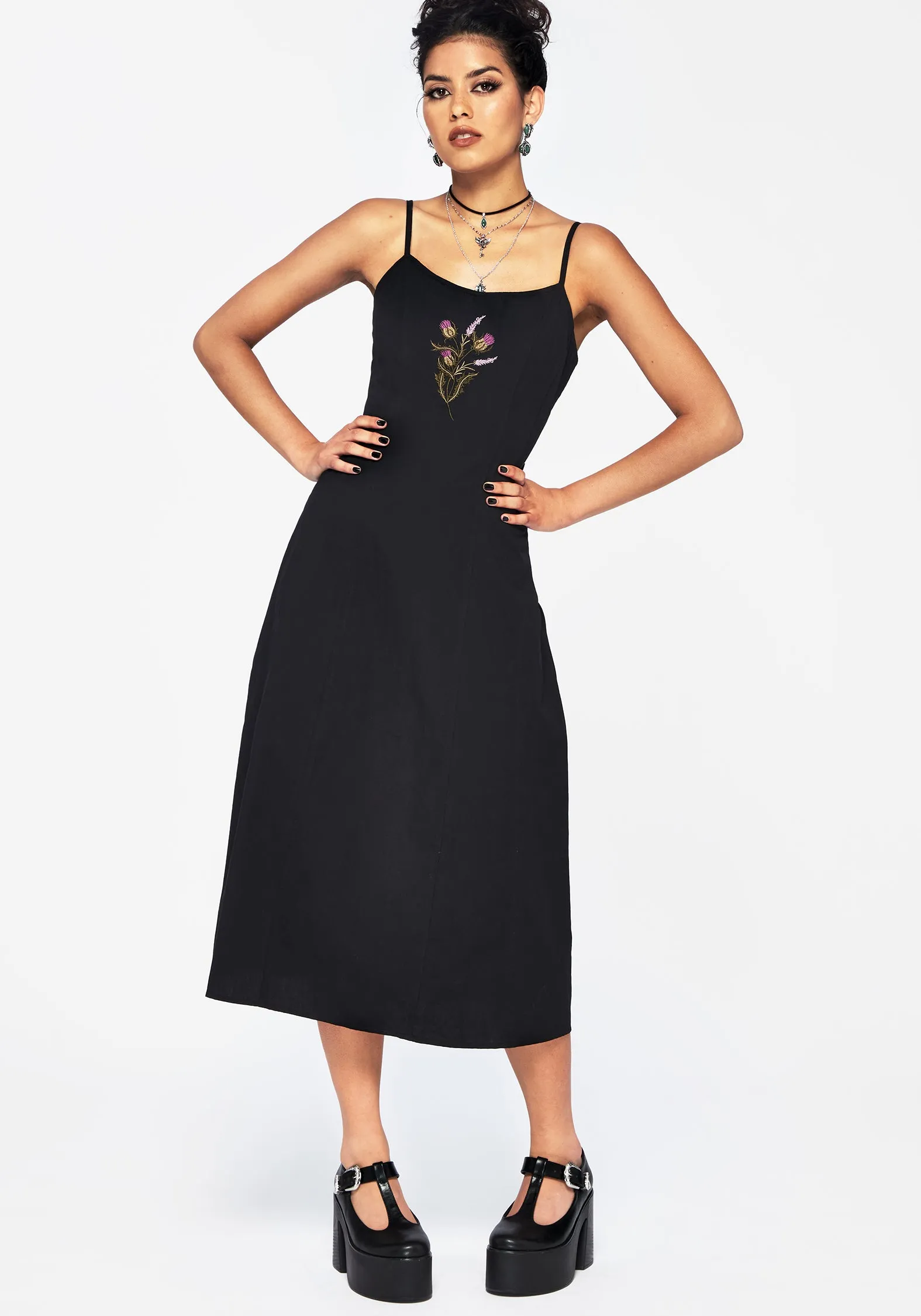 NonSlipClosure Despair Cotton Thistle Embroidered Cami Tie Back Midi Dress