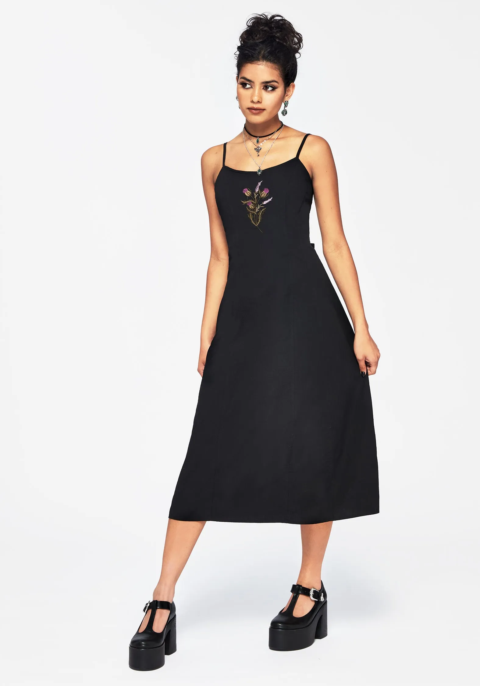 Despair Cotton Thistle Embroidered Cami Tie Back Midi Dress Trendy midi dress Sleek Comfort
