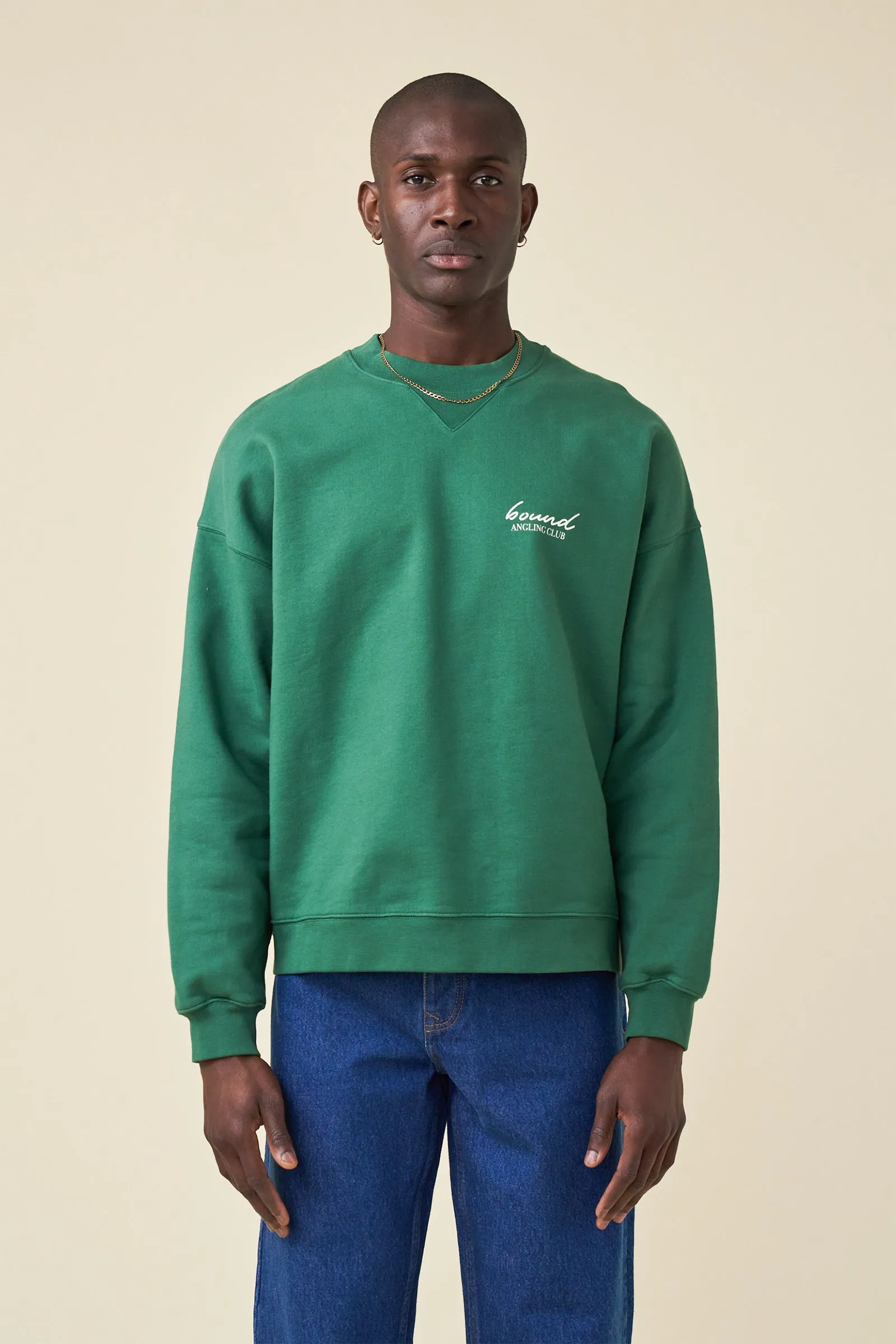 bound 'Angling Club' Sweater - Mid Green Fine Gauge Knit