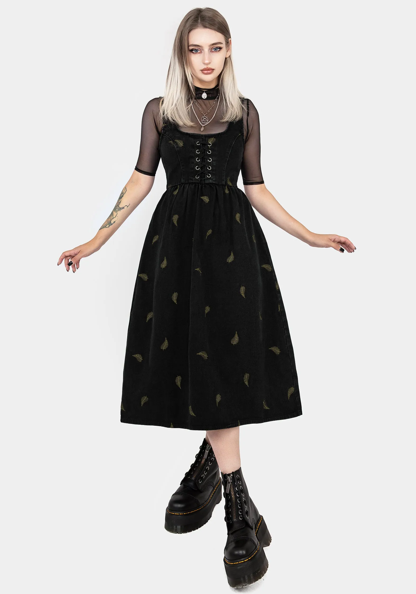 Osmunda Fern Embroidered Lace Up Midi Pinafore Dress Relaxed Line