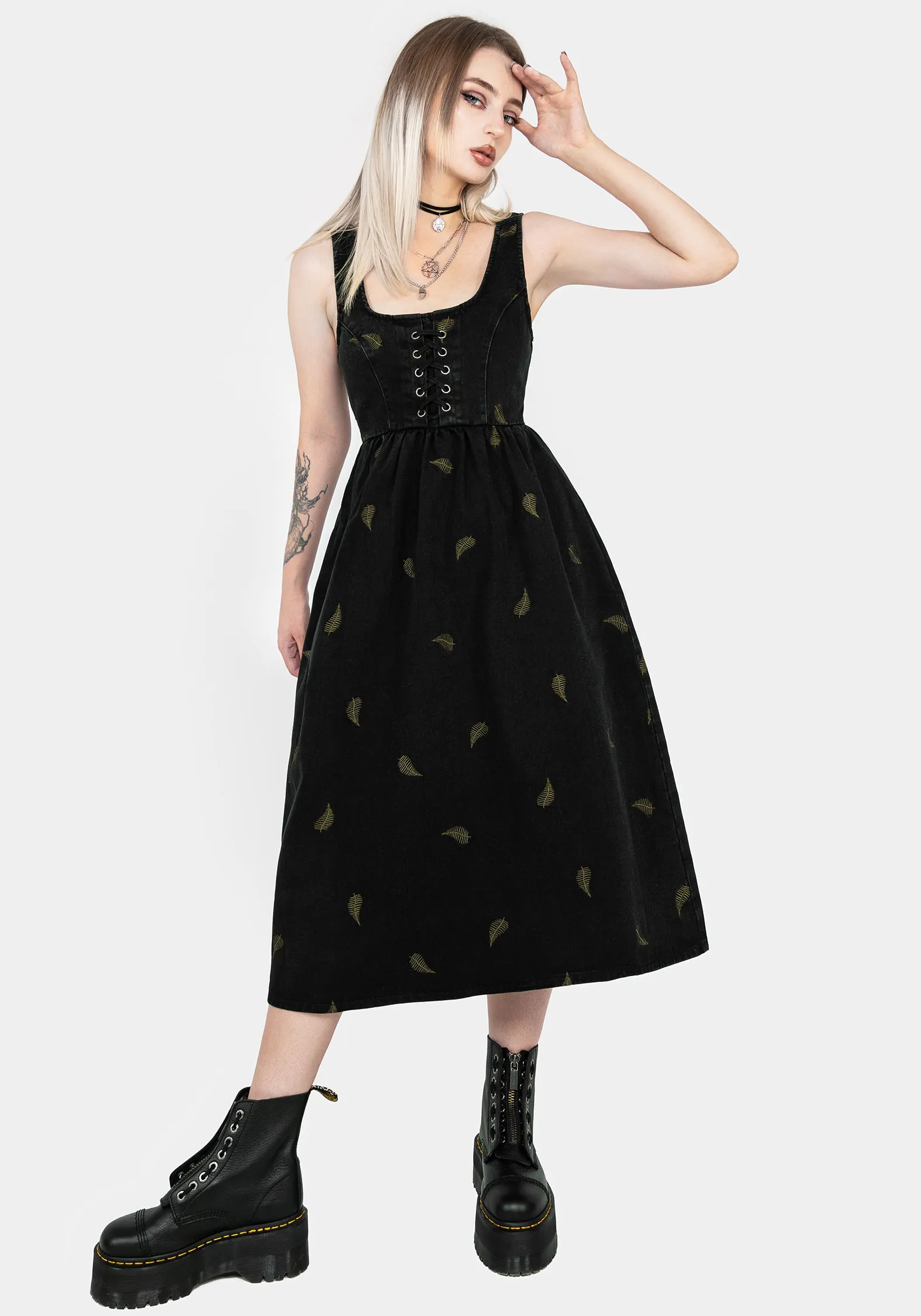 Osmunda Fern Embroidered Lace Up Midi Pinafore Dress Front-Pocket