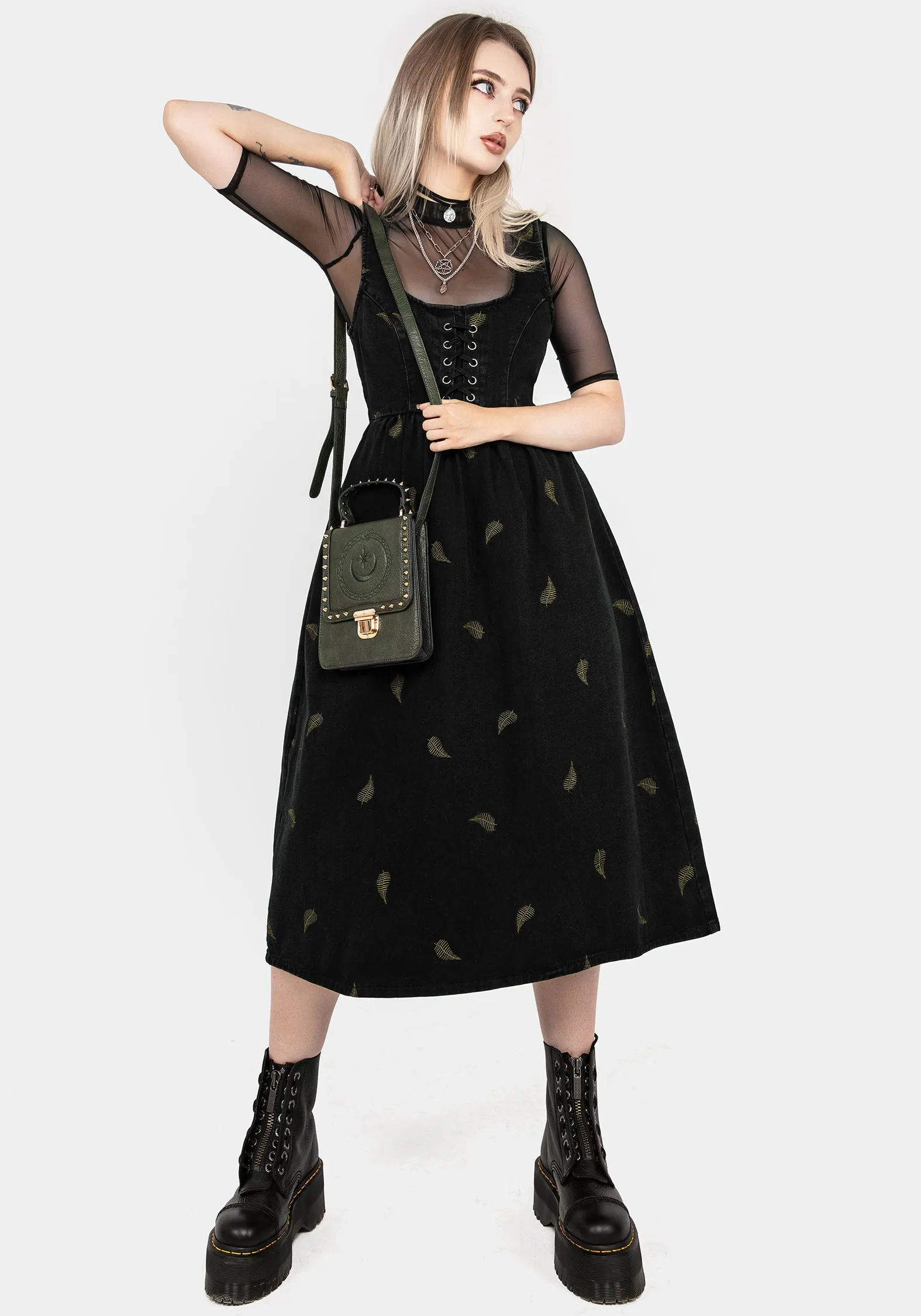 Osmunda Fern Embroidered Lace Up Midi Pinafore Dress Soft Fit Wear