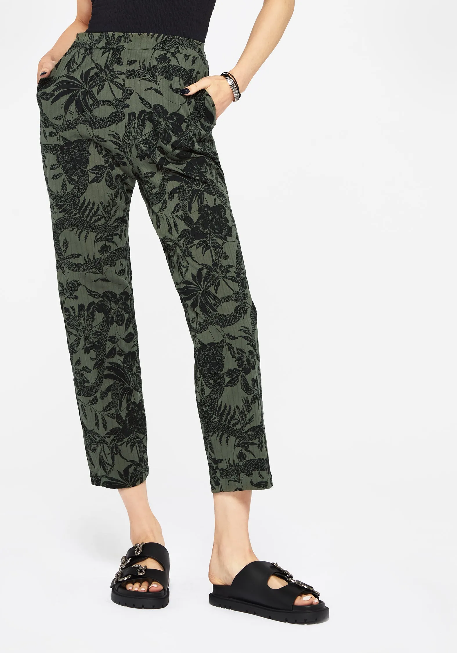 Bashe Cotton Soft Tapered Trousers - Green Non Irritating Tags High Waist Stretch