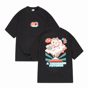 Cross Grain Knit Versatile and Comfortable A Thousand Futures 'Lucky Cat' Tee - Black