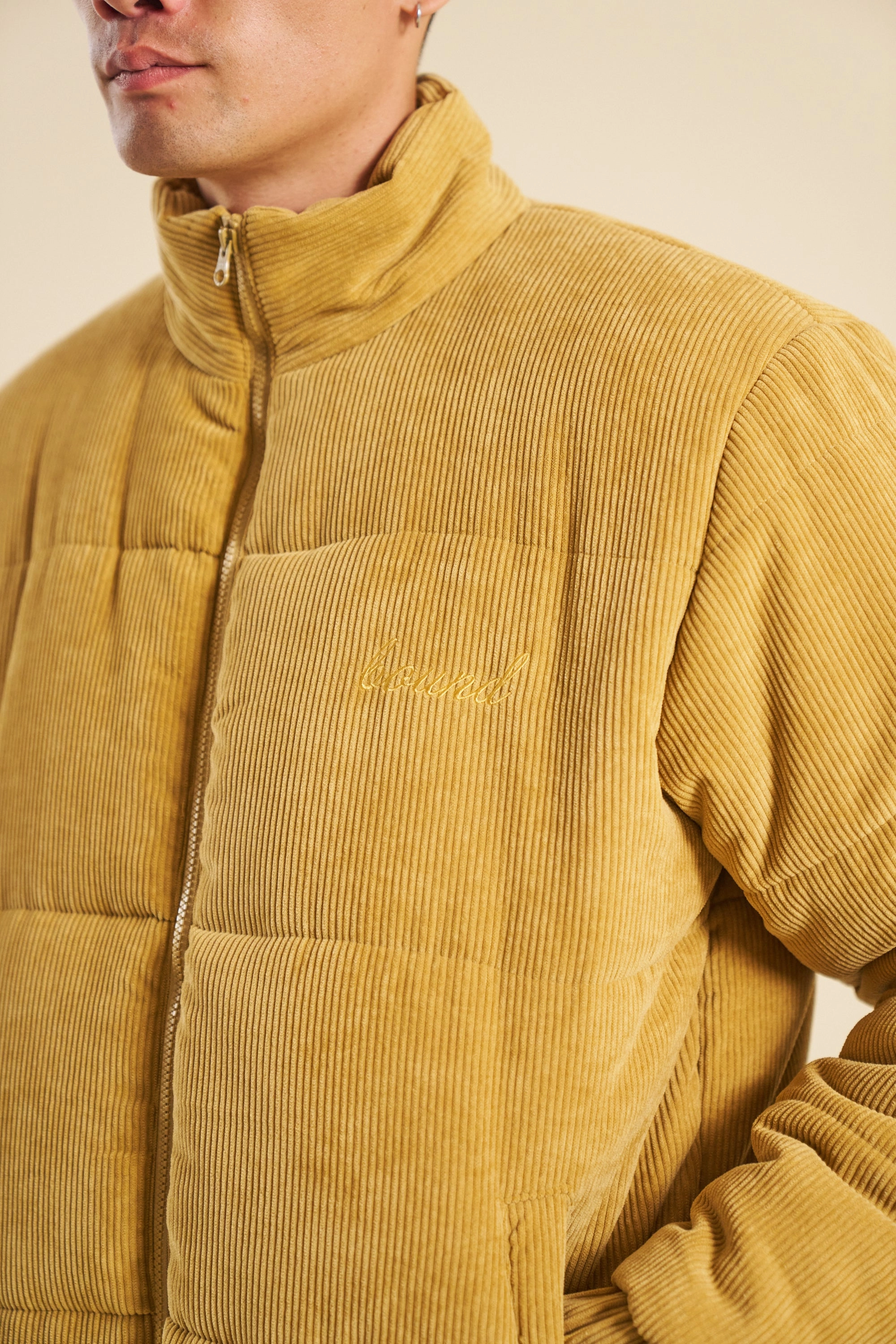 Smooth Flat Collar bound Mustard Cord Puffer Coat