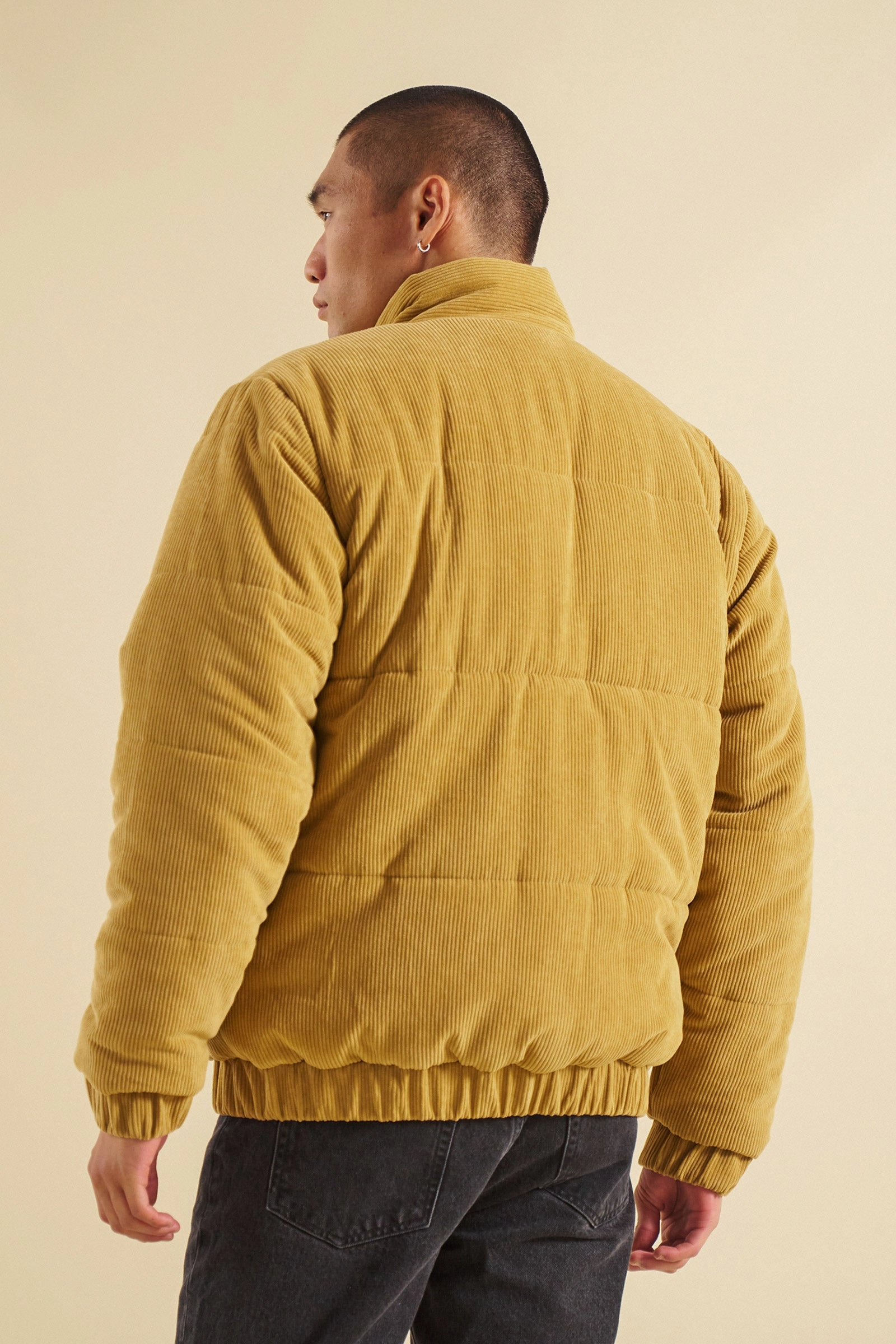 bound Mustard Cord Puffer Coat Heat Resistant Fabric Sport Inspired Style