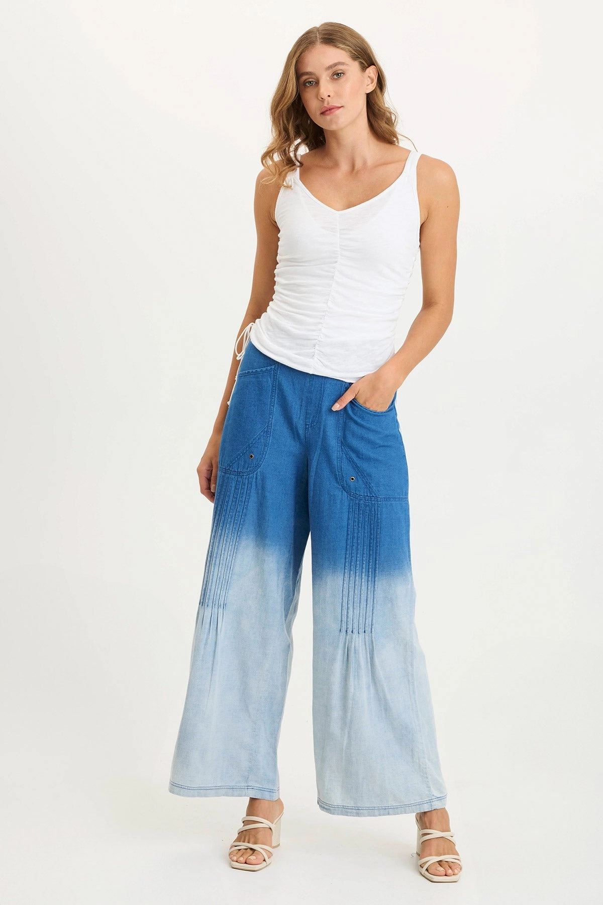 Adaptable Design Tailored Fit Ralston Indigo Twill Lightweight Pleated Wide Leg Pant