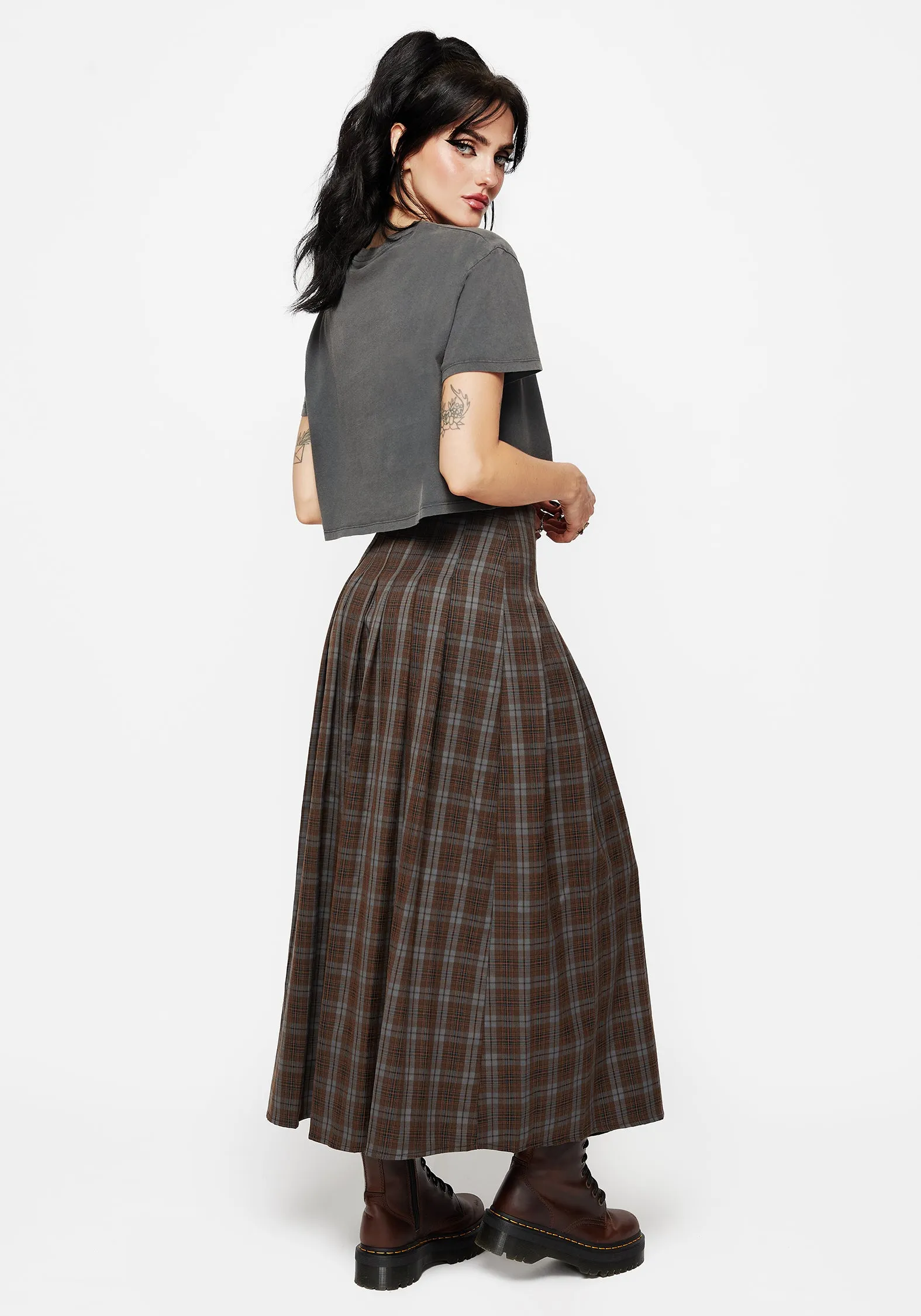 Sleek Appeal Raven Pleated Check Buckle Detail Maxi Skirt
