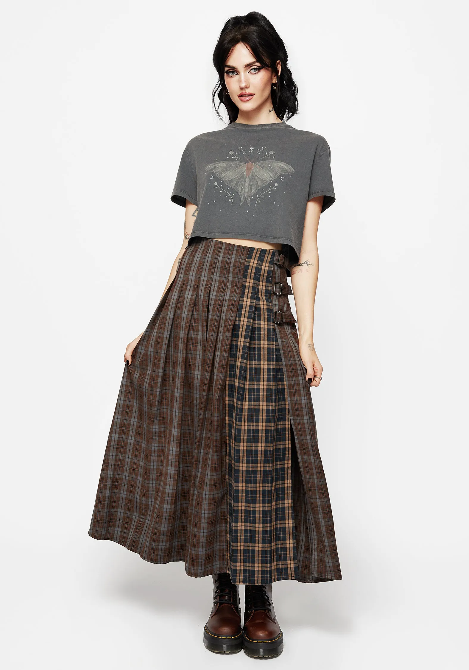Fresh Style Raven Pleated Check Buckle Detail Maxi Skirt