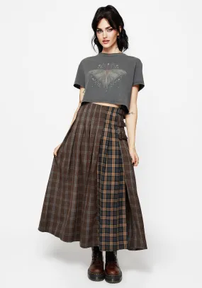 Fresh Style Raven Pleated Check Buckle Detail Maxi Skirt