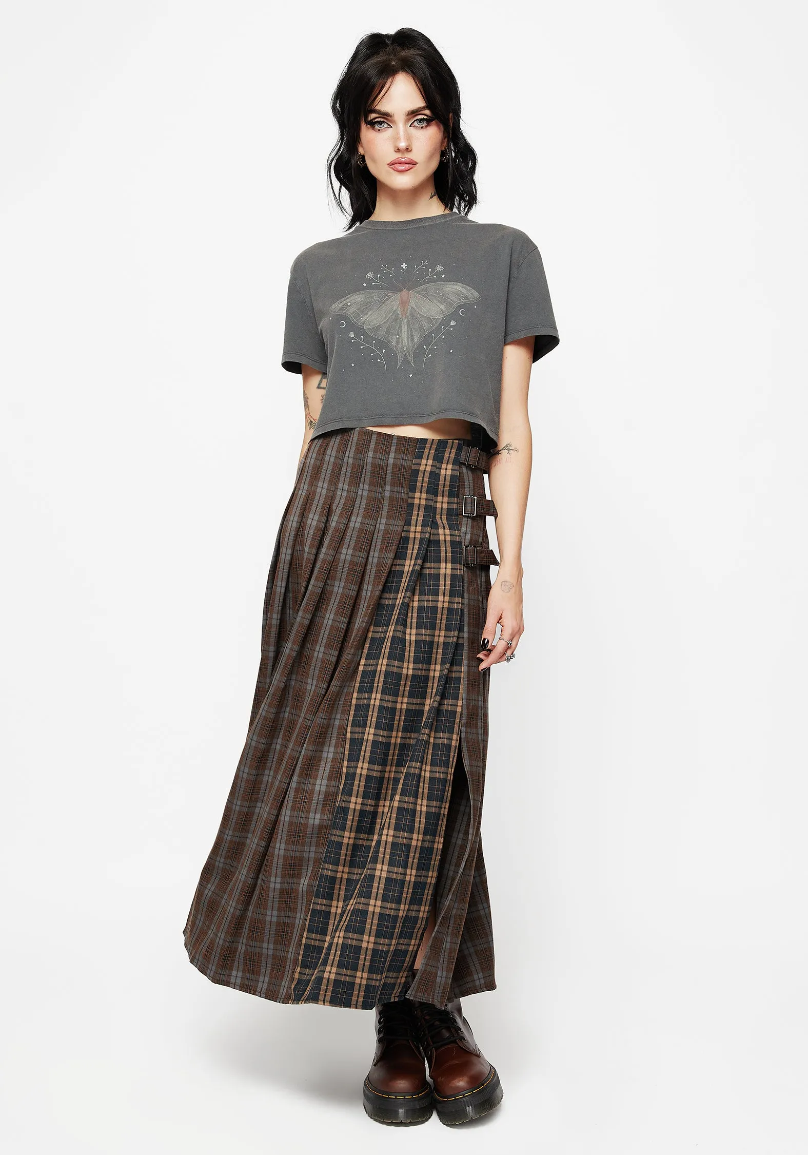 Raven Pleated Check Buckle Detail Maxi Skirt Mood Dressing Personality Style