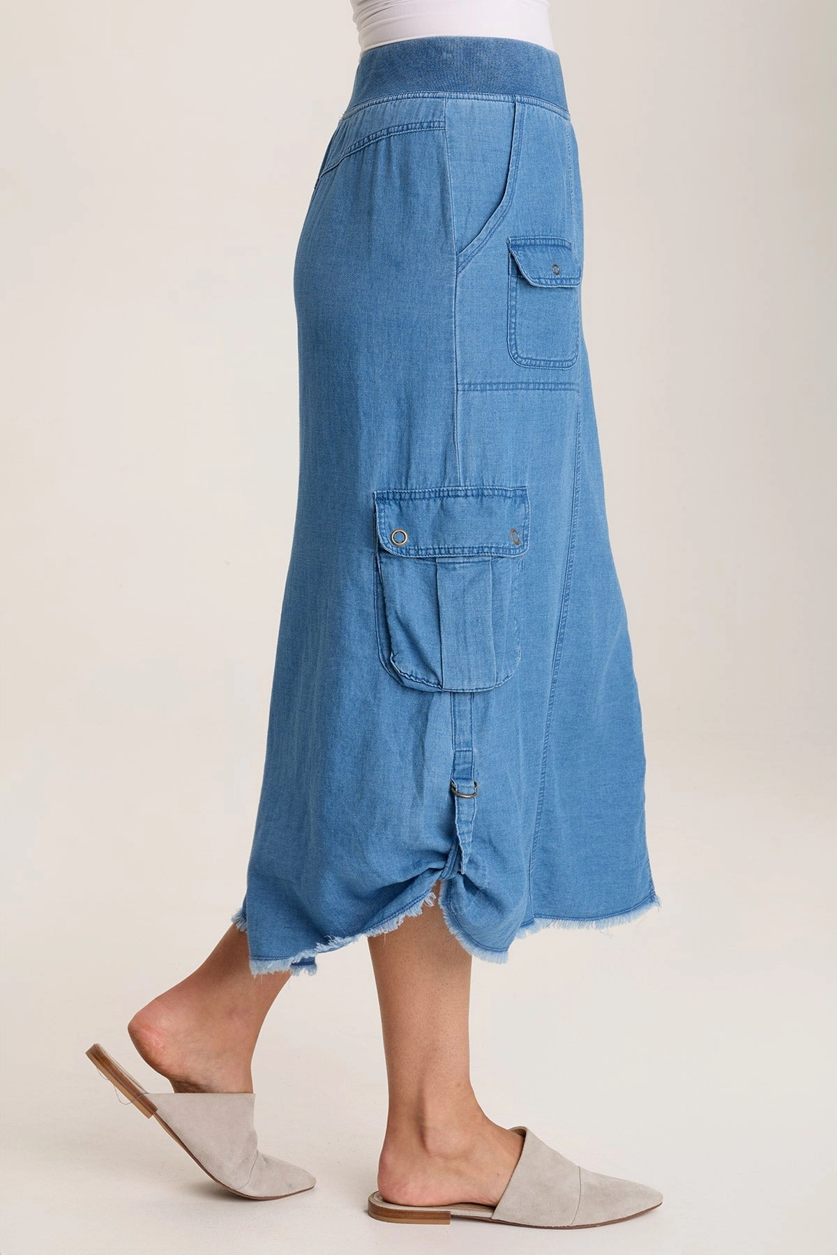 Layered Style Chesney Mock-Denim Cargo Midi Skirt