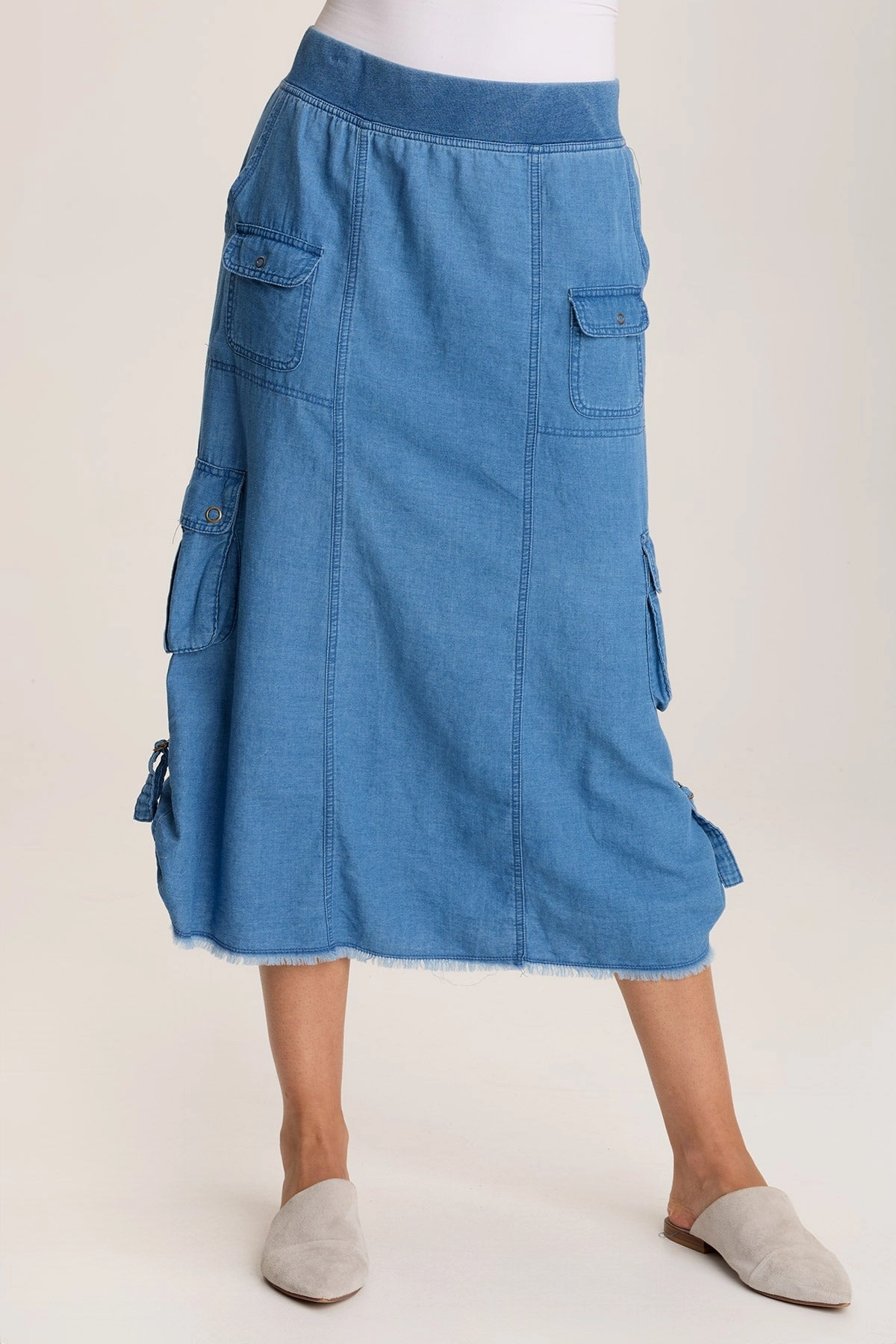 Contemporary Mood Bold Print Chesney Mock-Denim Cargo Midi Skirt