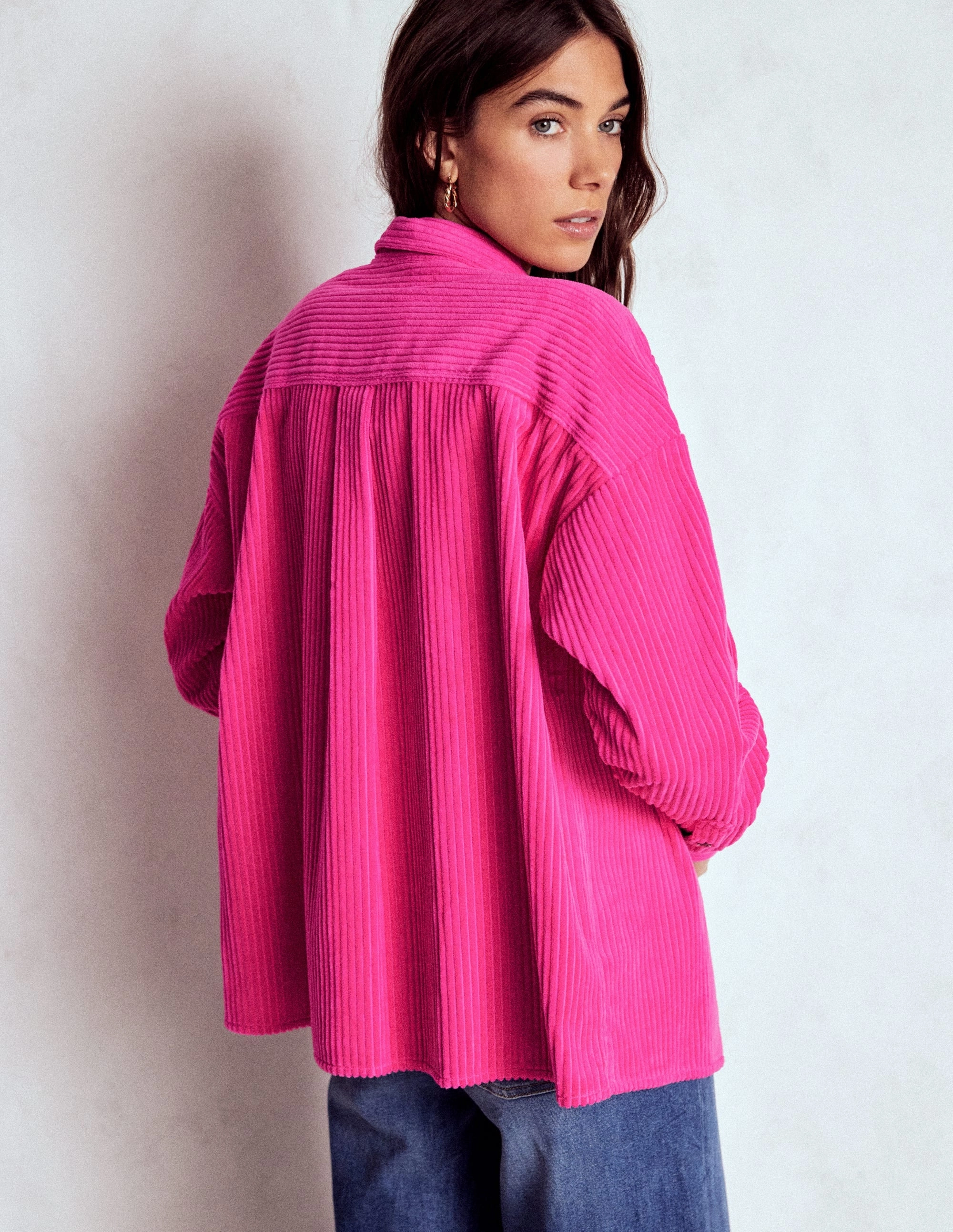 Stylish T-shirt VNeck Style Raw Edge Detail Cord Overshirt-Pink Peony