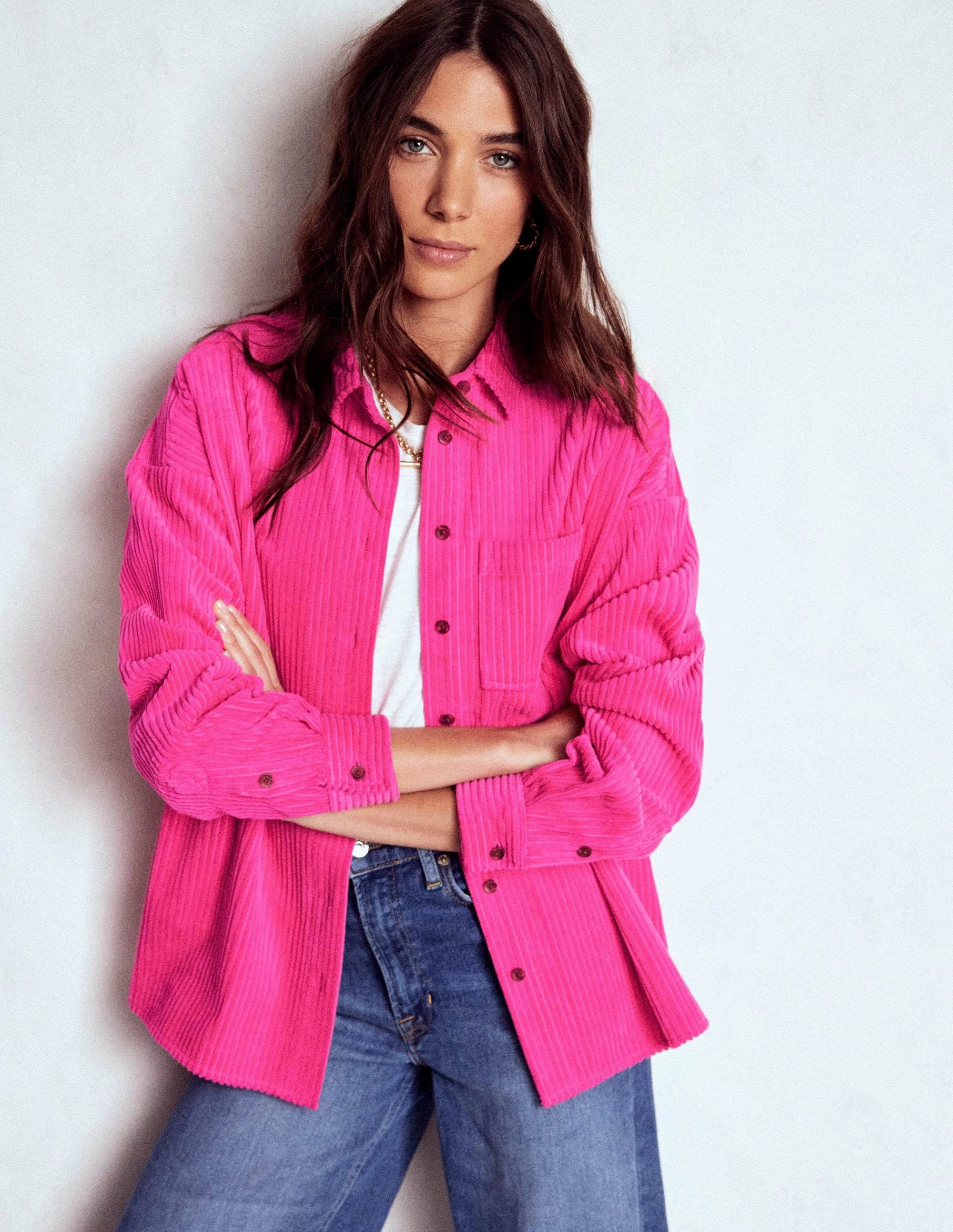 Lightweight insulation Stylish Jacket Raw Edge Detail Cord Overshirt-Pink Peony