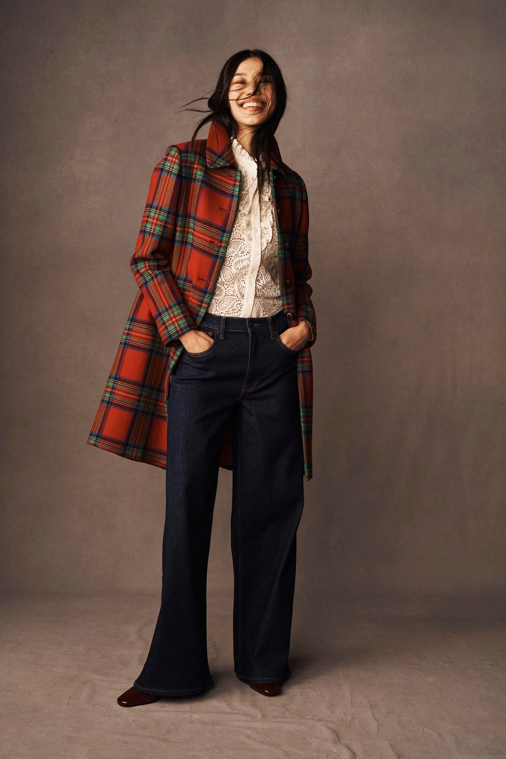 Edinburgh Swing Coat-Red, Blue and Green Check Waist Belt Hypoallergenic Fiber Filling