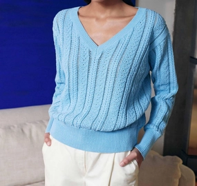 Recycled Cotton Open Cable V-Neck Sweater In Sky Blue Cozy Warm Layer