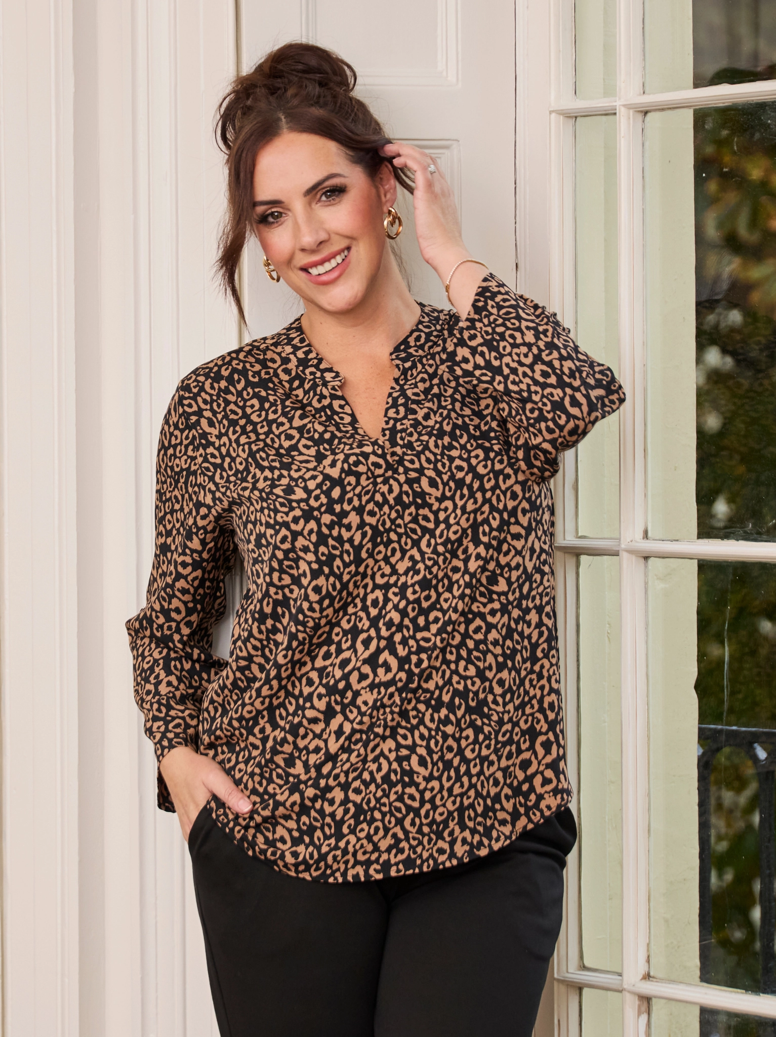 UPF Protective Fabric Minimalist Detailing Amelia Crepe Top - Brown Leopard