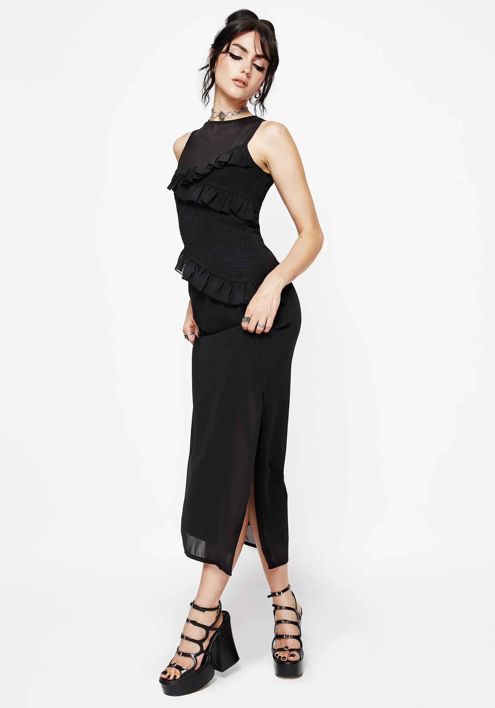 Reflections Black Frill Detail Sleeveless Maxi Dress Active Moments