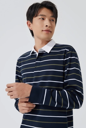 Moisture wicking Trendy Design Regal Interlock Long Sleeve Rugby Shirt | Navy Multi-Stripes P05Z02