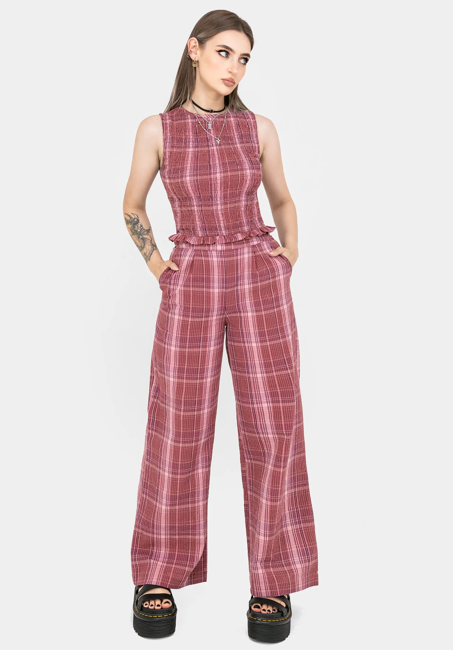 Zorina Cotton Check Wide Leg Trousers Long Wear Four Way Stretch