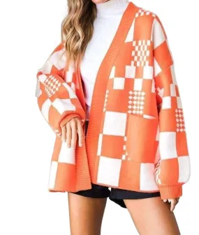 Compact Travel Design Checkered Color Block Open Midi Sweater With Pockets In Orange