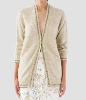 Temperature Regulating Fabric Warm Layers Celestial Knit Cardigan In Gold Tinsel