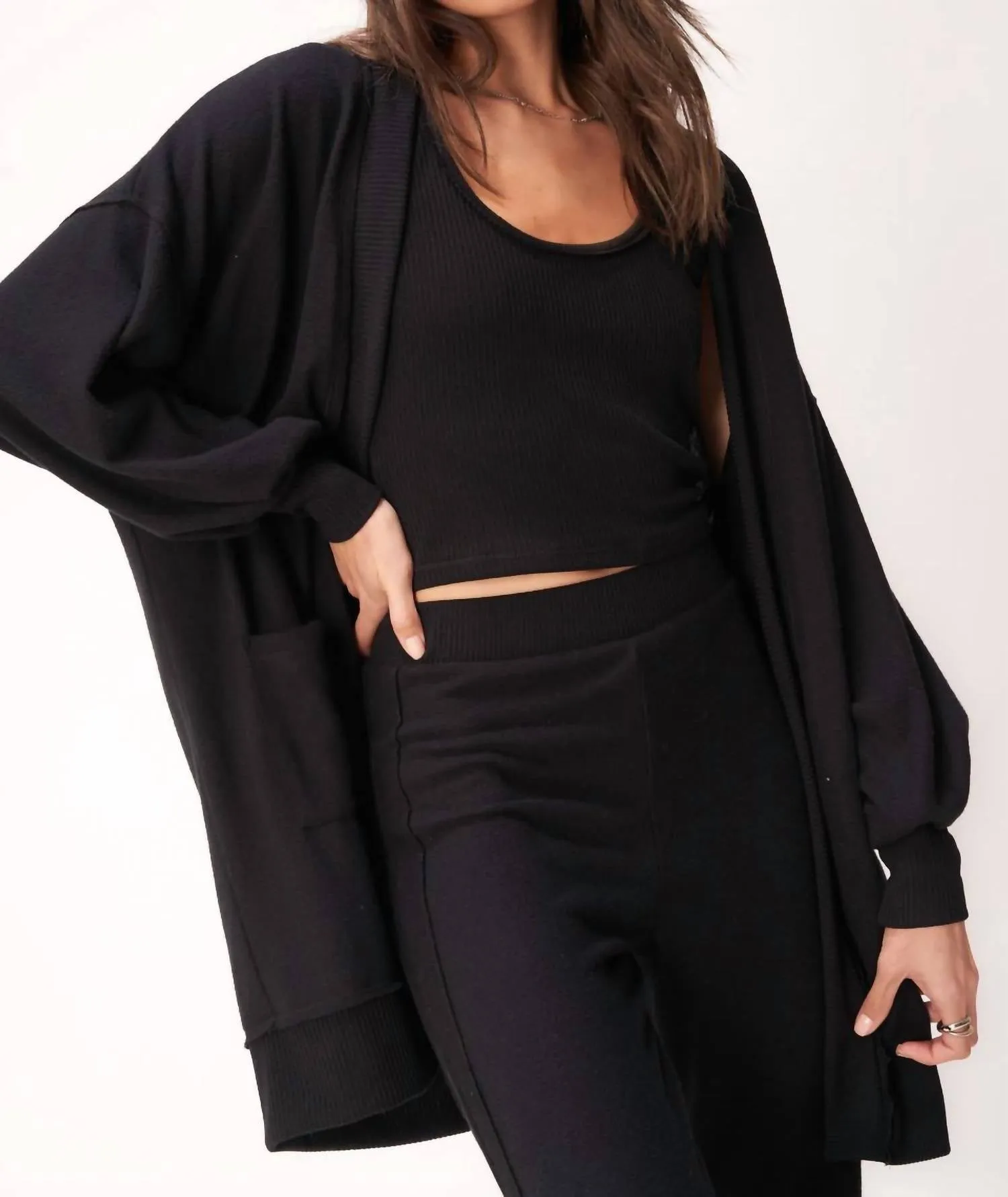 Just Relax Cozy Seamed Cardigan In Black Luxury Fiber Blend Seasonal Warmth
