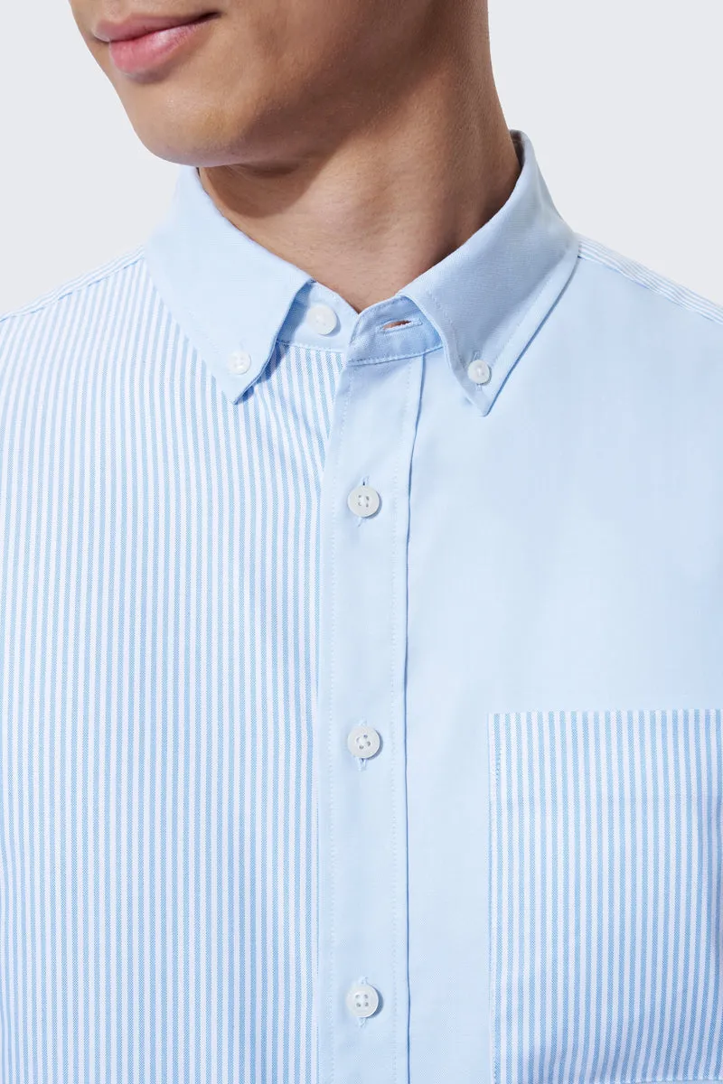 Zip Front High Street Fashion Oxford Button-Down Color Blocked Casual Shirt | Light Blue / Light Blue Stripes 37820N
