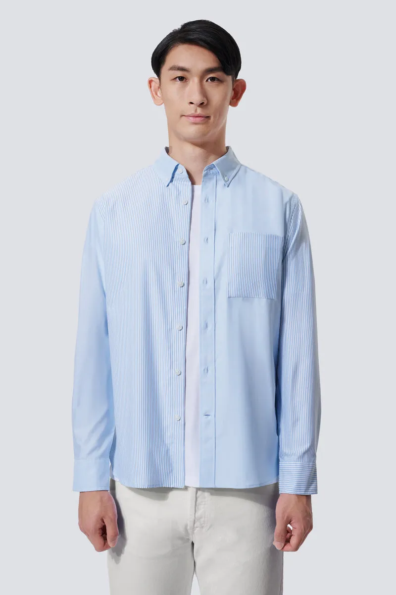 Stretch Material Oxford Button-Down Color Blocked Casual Shirt | Light Blue / Light Blue Stripes 37820N