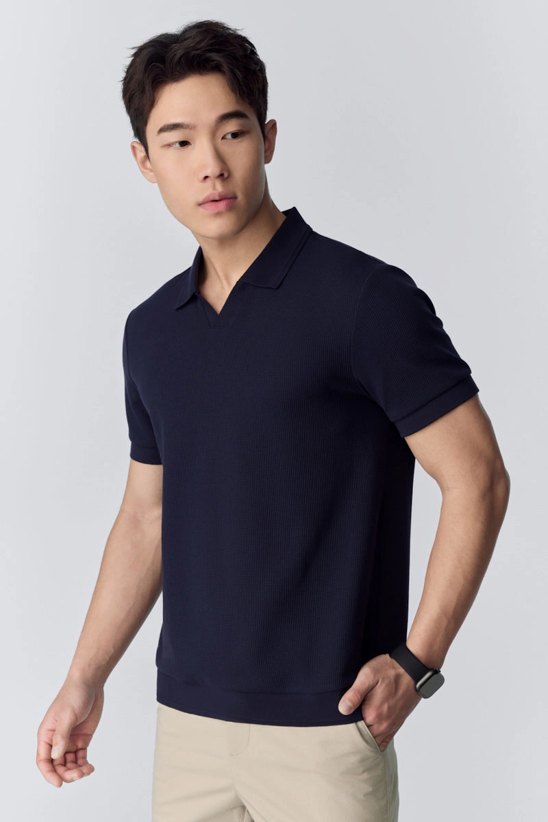 Waffle-Knit Buttonless Polo | Navy NNY096 Summer Layering