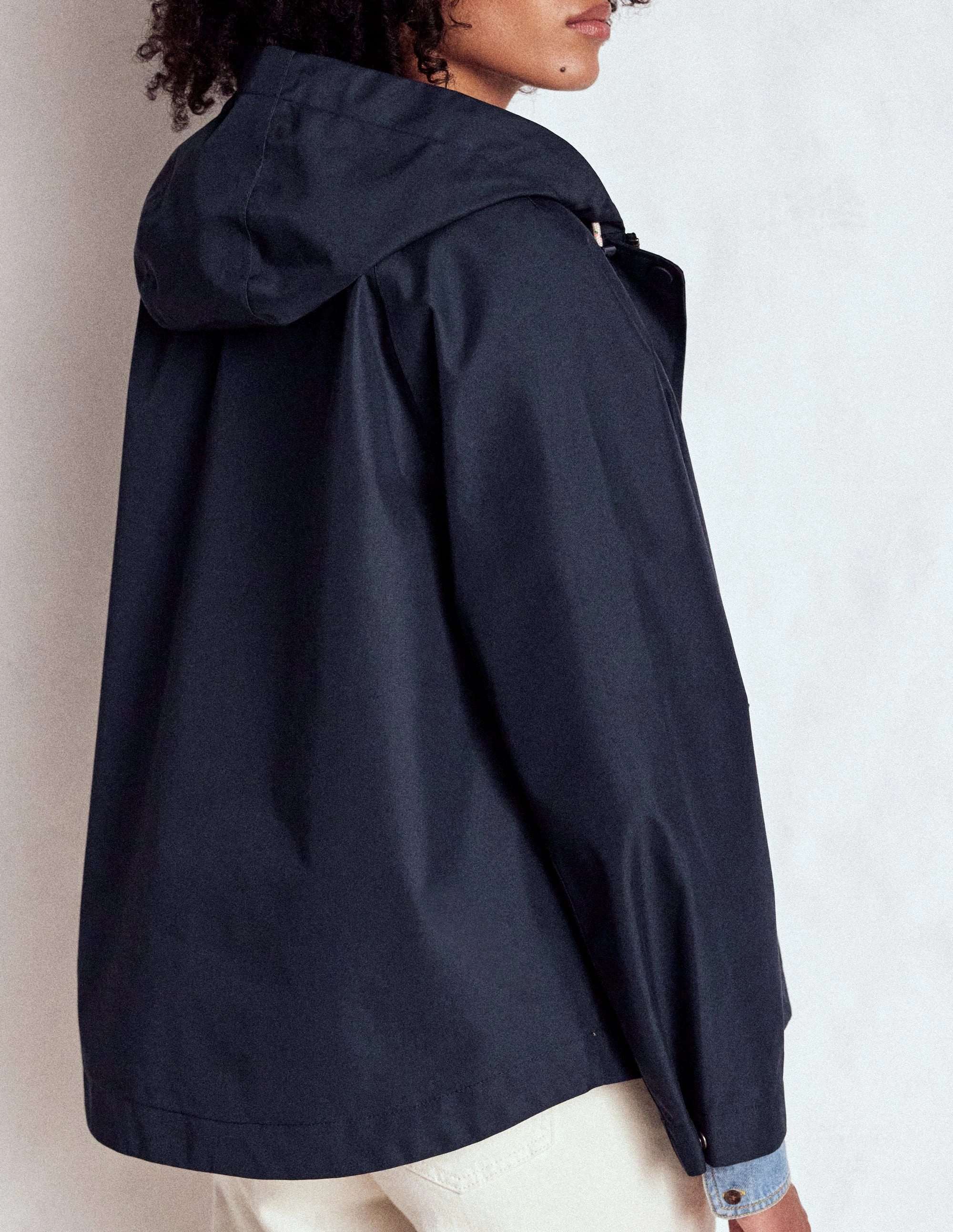 Cropped Rain Mac-Navy Layered Collar Foldable Design