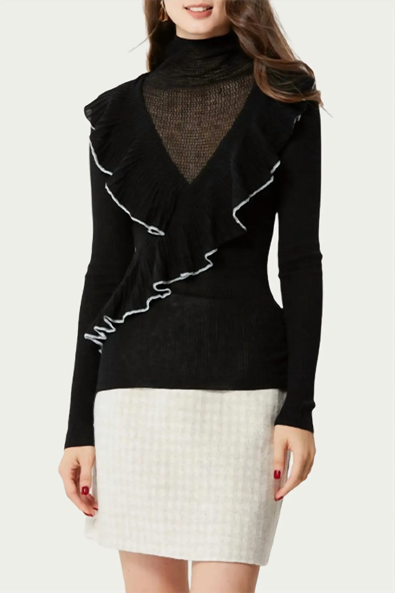 Calista Layered-Effect Ruffled Turtleneck Top In Black Flex Knit Ribbing Versatile Layering Piece
