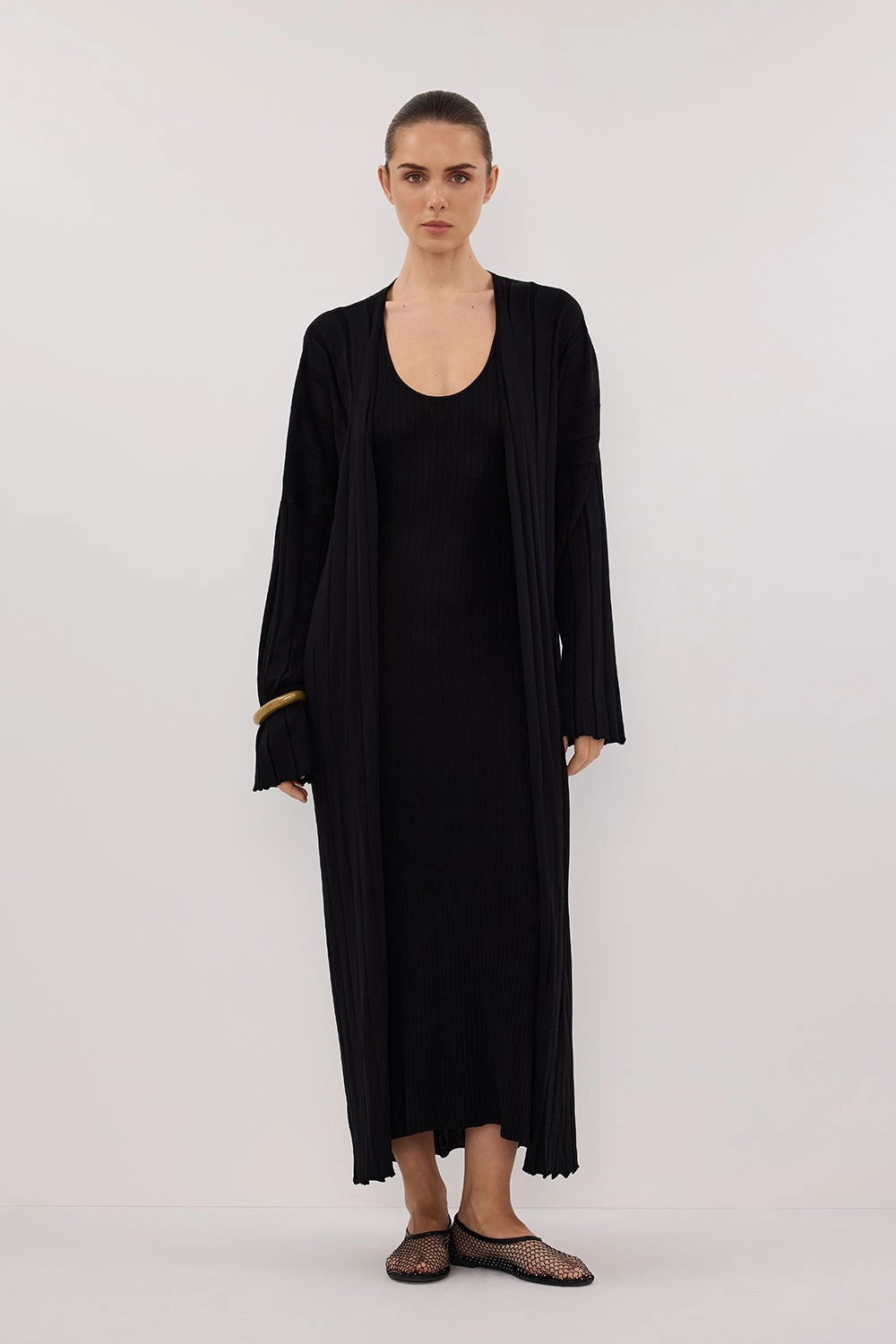 Moisture Wicking Knit Hypoallergenic Wool Mix EVE BLACK KNIT MIDI CARDIGAN