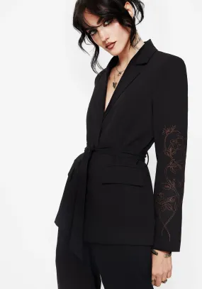 Eco Friendly Recycled Material Relaxed Fit Structure Renita Embroidered Belted Blazer