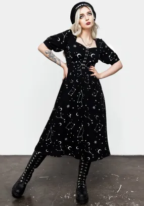 Silver Celestial Print Sweetheart Midi Dress Elastic-Cuff