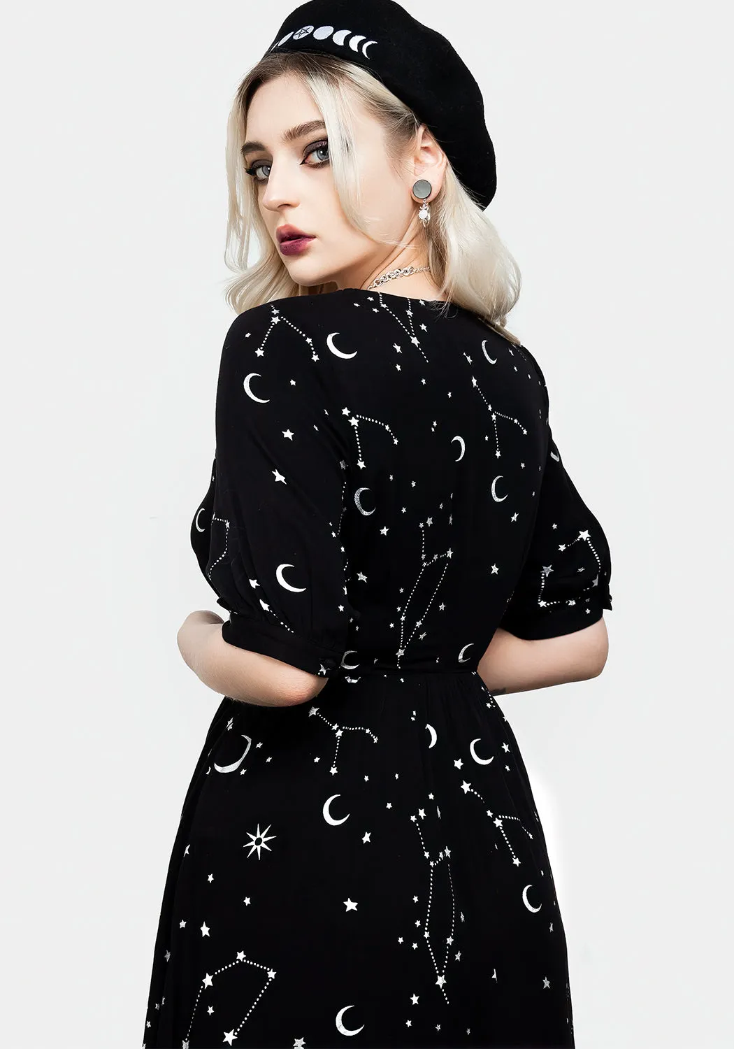 Silver Celestial Print Sweetheart Midi Dress Silky Mood