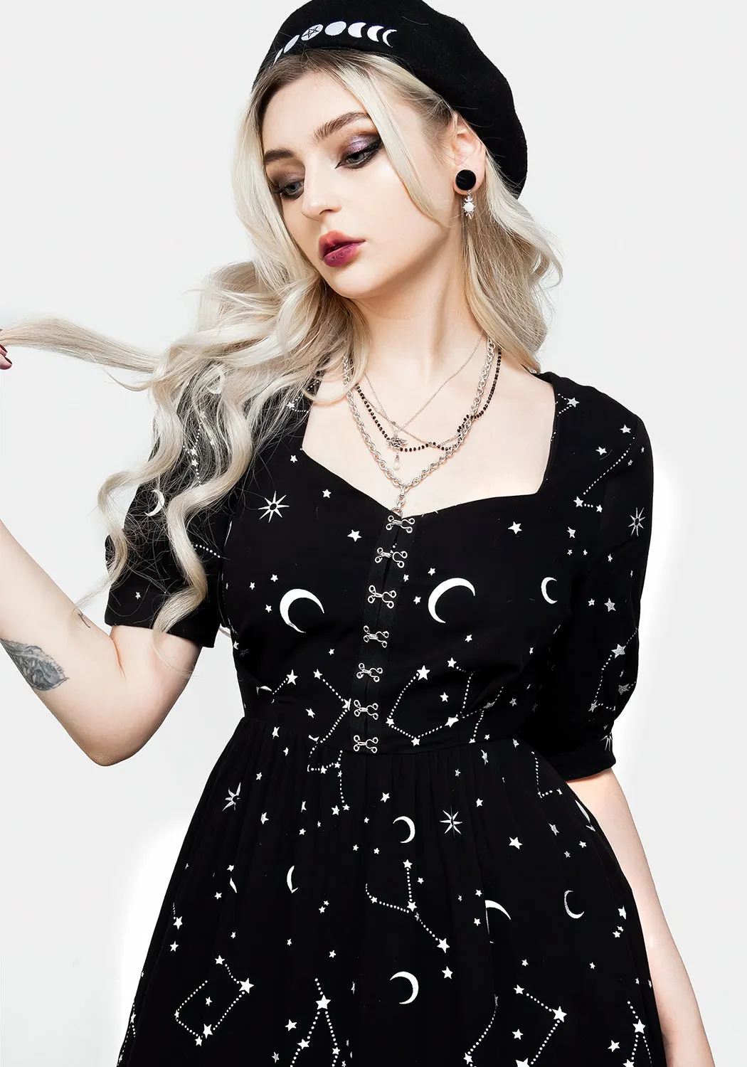 Poised Vibe Silver Celestial Print Sweetheart Midi Dress