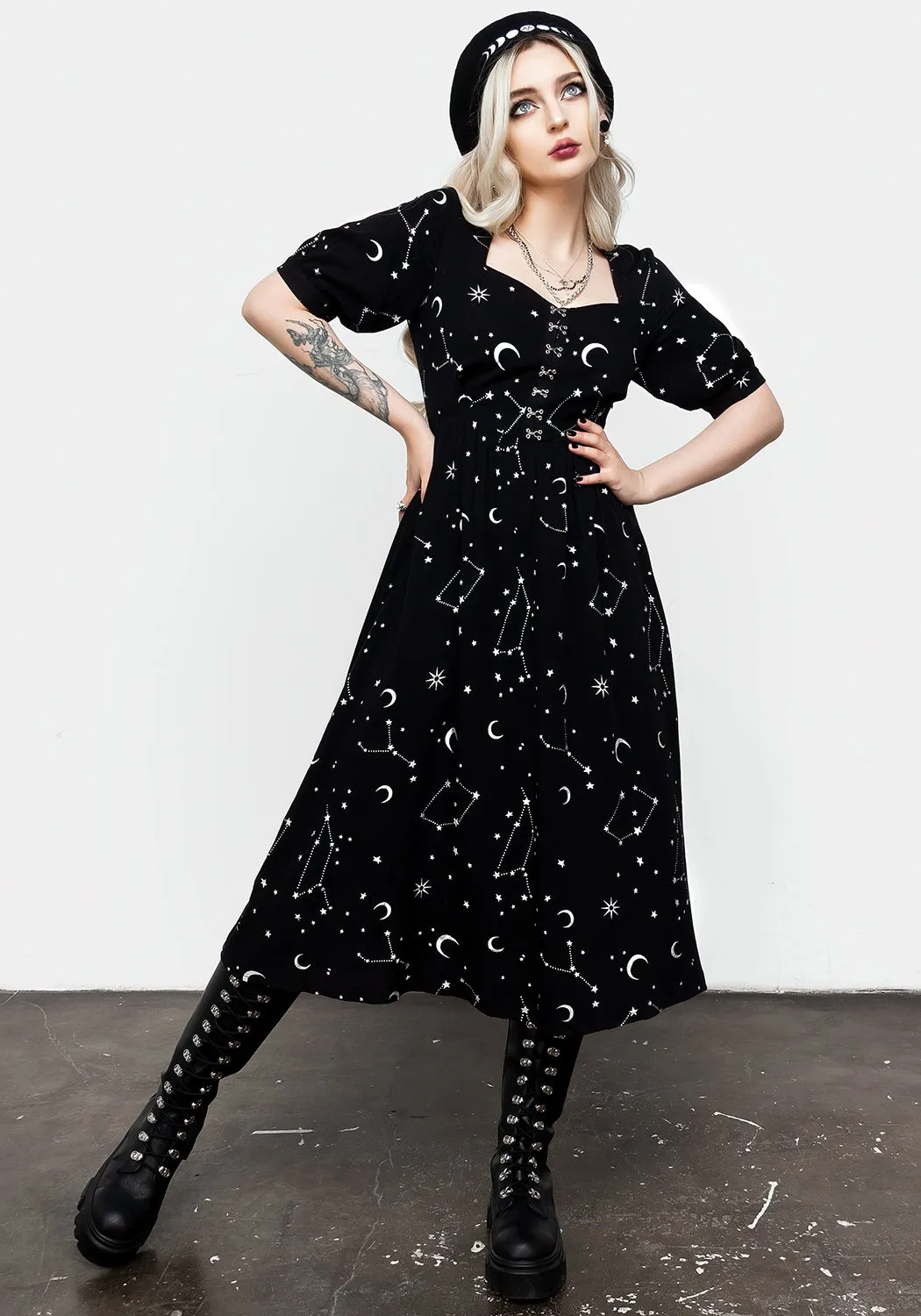 Silver Celestial Print Sweetheart Midi Dress Elastic-Cuff