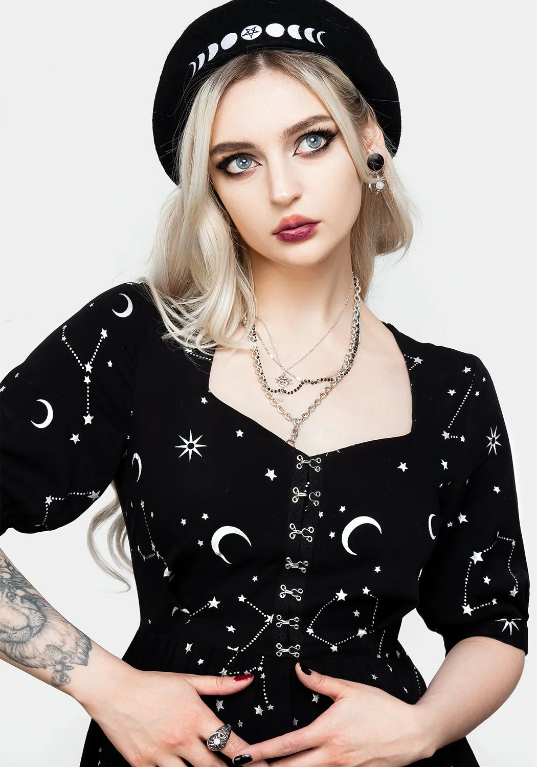 Silver Celestial Print Sweetheart Midi Dress Interchangeable-Detail Day Chic